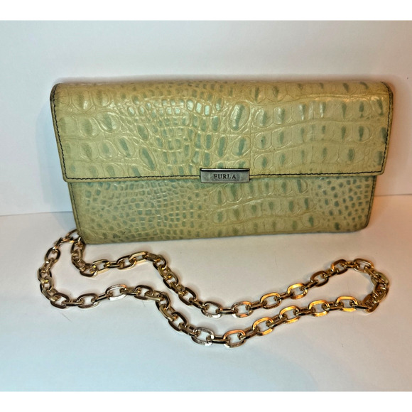 FURLA Light Green Genuine Leather Long Wallet Purse Used aftermarket chain incl - Picture 1 of 16